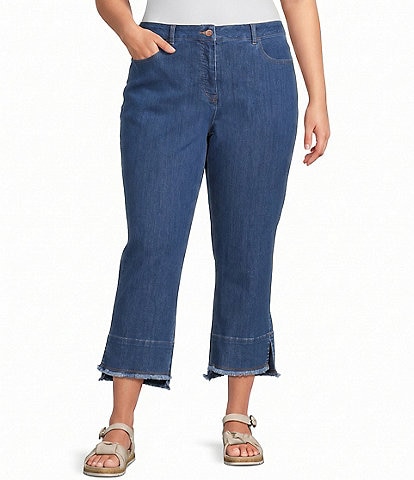 Multiples Plus Size Solid Denim 4-Way Stretch Double Fringe Trim Hem Crop Pants