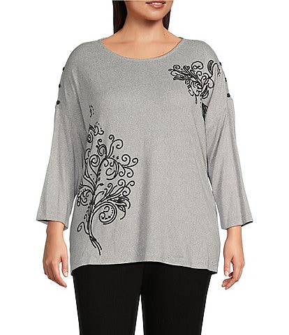 Multiples Plus Size Solid Sequin Embellished Detail Crew Neck 3/4 Dolman Sleeve Top