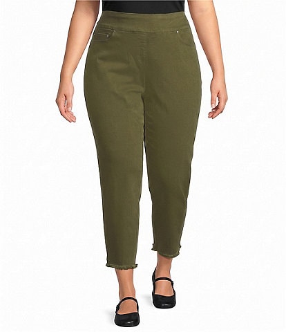 Multiples Plus Size Solid Garment Dyed Functional Pockets Straight Leg Fringe Hem Pull-On Ankle Pants