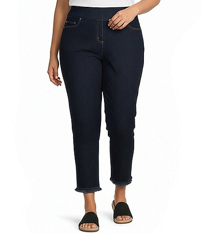 Multiples Plus Size Solid Garment Dyed Functional Pockets Straight Leg Fringe Hem Pull-On Ankle Pants