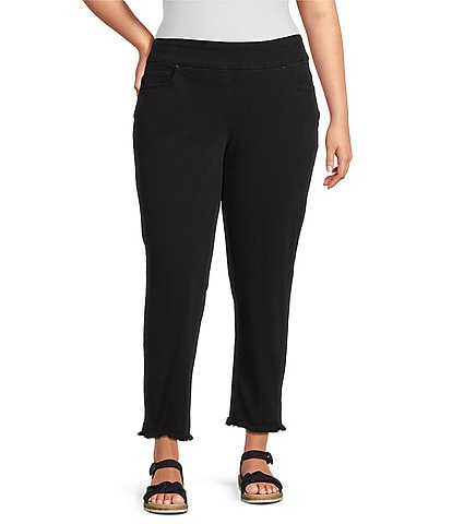 Multiples Plus Size Solid Garment Dyed Straight Leg Fringe Hem Pull-On Ankle Pants