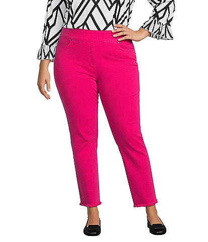 Multiples Plus Size Solid Garment Dyed Straight Leg Fringe Hem Pull-On Ankle Pants