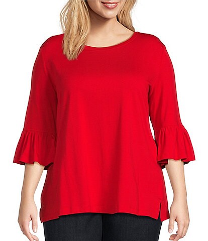 Multiples Plus Size Solid Knit Wide Neck 3/4 Bell Sleeve Top