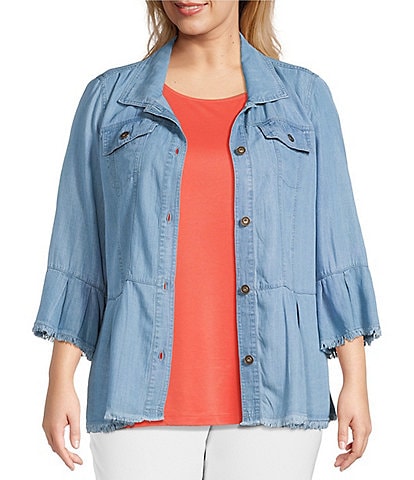 Multiples Plus Size Solid Lyocell Point Collar 3/4 Flounce Sleeve Button Front Peplum Jacket