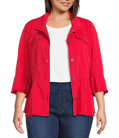 Multiples Plus Size Solid Lyocell Point Collar 3/4 Flounce Sleeve Button Front Peplum Jacket