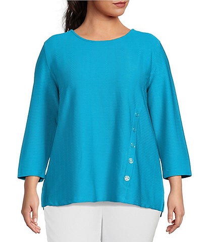 Multiples Plus Size Solid Textured Knit Scoop Neck 3/4 Sleeve Decorative Button Tab Top