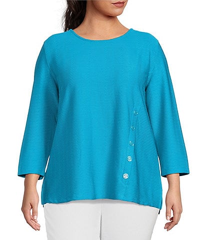 Multiples Plus Size Solid Textured Knit Scoop Neck 3/4 Sleeve Decorative Button Tab Top
