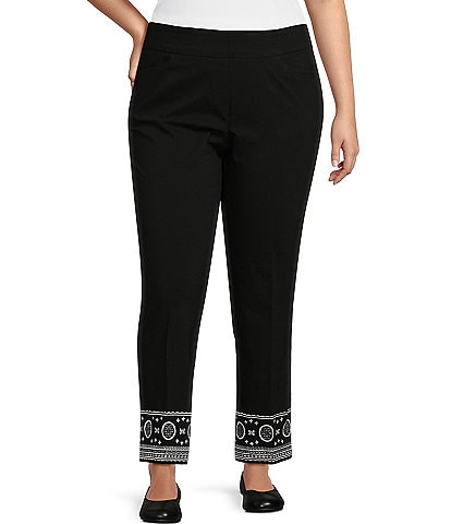 Multiples Plus Size Solid Twill Straight Leg Embroidered Hem Pull-On Ankle Pants