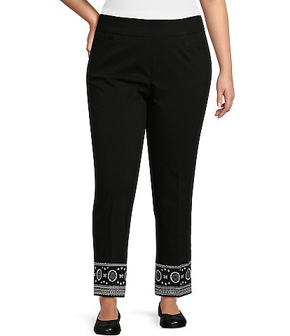 Multiples Plus Size Solid Twill Straight Leg Embroidered Hem Pull-On Ankle Pants