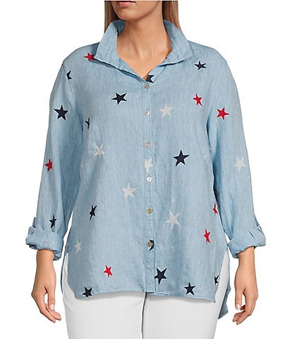 Multiples Plus Size Star Embroidered Wire Collar Long Roll-Tab Sleeve Button-Front Shirt
