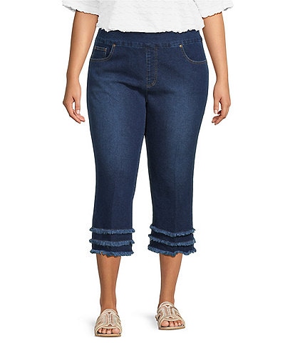 Multiples Plus Size Stretch Denim Wide Waistband Triple Fringe Hem Pull-On Jeans