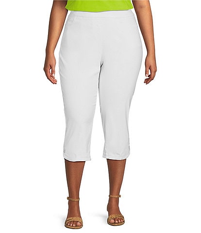 Multiples Plus Size Stretch Twill Wide Waistband Side Button Curved Hem Straight Leg Pull-On Capri Pants
