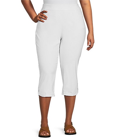 Multiples Plus Size Stretch Twill Wide Waistband Side Button Curved Hem Straight Leg Pull-On Capri Pants