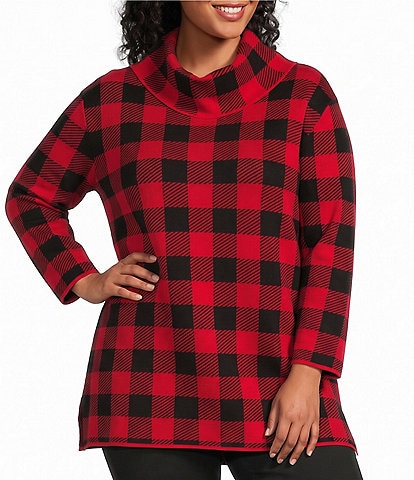 Multiples Plus Size Sweater Knit Plaid Cowl Neck 3/4 Sleeve Top