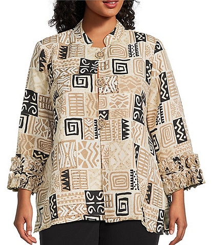 Multiples Plus Size Textured Bark Cloth Patchwork Print Banded Collar 3/4 Sleeve Button Front Jacket