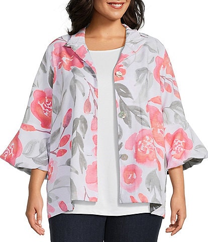 Multiples Plus Size Textured Floral Wire Collar 3/4 Sleeve Button-Front Jacket