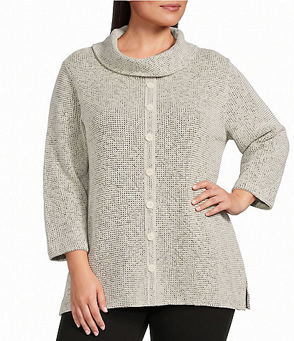 Multiples Plus Size Textured Knit Cowl Neck 3/4 Sleeve Faux Button Novelty Top