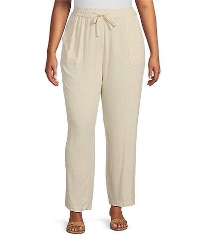Multiples Plus Size Textured Linen Blend Drawstring Waist Pull-On Pants