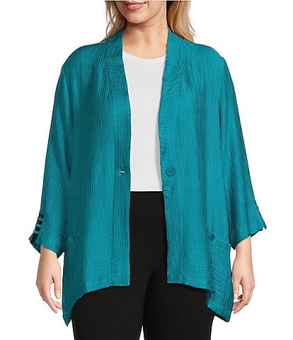 Multiples Plus Size Textured Woven 3/4 Sleeve Fitted Hi Low Hem One-Button Front Jacket