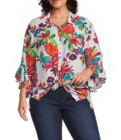 Multiples Plus Size Textured Woven Floral Point Collar 3/4 Sleeve Tie Front Shirt