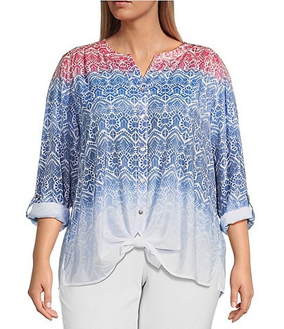 Multiples Plus Size Textured Woven Printed Band V-Neck Long Roll-Tab Sleeve Button-Front Shirt