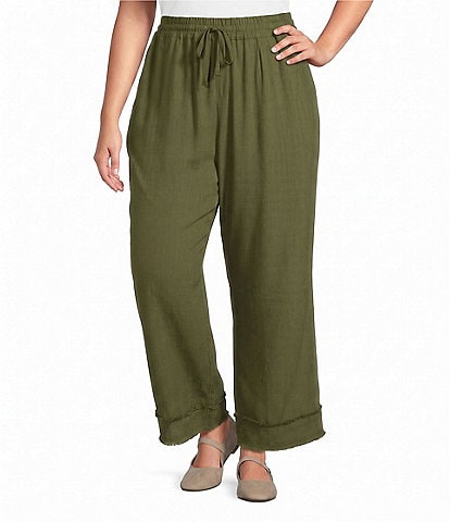 Multiples Plus Size Textured Woven Slub Drawstring Fringe Band Cropped Coordinating Pants