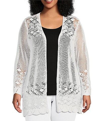 Multiples Plus Size V-Neck Scallop Edge 3/4 Sleeve Crochet Sweater Knit Open-Front Cardigan