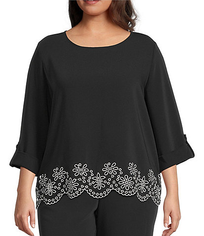 Multiples Plus Size Woven Boat Neck Long Roll-Tab Sleeve Embroidered Coordinating Scalloped Hem Top