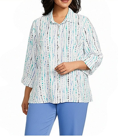 Multiples Plus Size Woven Dot Multi Print Point Collar 3/4 Turn-Up Sleeve Button-Front Shirt