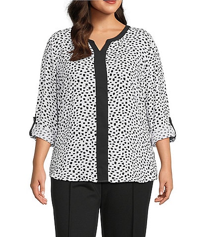 Multiples Plus Size Woven Dotted Split Round Band V-Neck Long Roll-Tab Sleeve Top