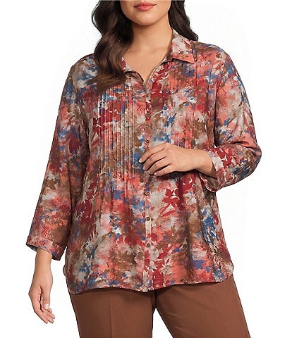Multiples Plus Size Woven Floral Multi Print Point Collar 3/4 Roll-Tab Sleeve Button-Front Crinkle Shirt
