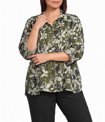 Multiples Plus Size Woven Floral Multi Print Point Collar 3/4 Roll-Tab Sleeve Button-Front Crinkle Shirt