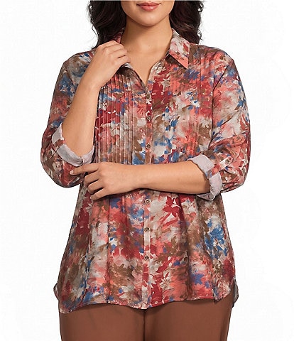 Multiples Plus Size Woven Floral Multi Print Point Collar 3/4 Roll-Tab Sleeve Button-Front Crinkle Shirt