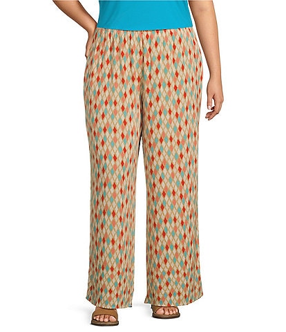 Multiples Plus Size Woven Ikat Print Pull-On Wide-Leg Crepon Pants