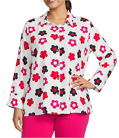 Multiples Plus Size Woven Multi Floral Print Point Collar 3/4 Turn-Up Sleeve Button Front Shirt