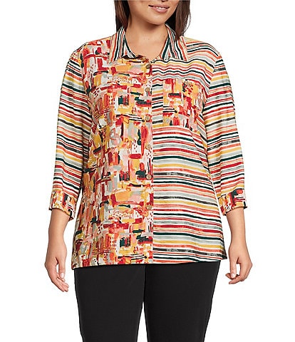 Multiples Plus Size Woven Multi Print Point Collar 3/4 Sleeve Button Front Fitted Shirt