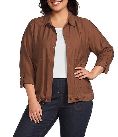 Multiples Plus Size Woven Point Collar Long Roll-Tab Sleeve Snap Front Jacket