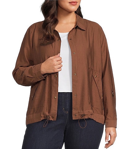 Multiples Plus Size Woven Point Collar Long Roll-Tab Sleeve Snap Front Jacket
