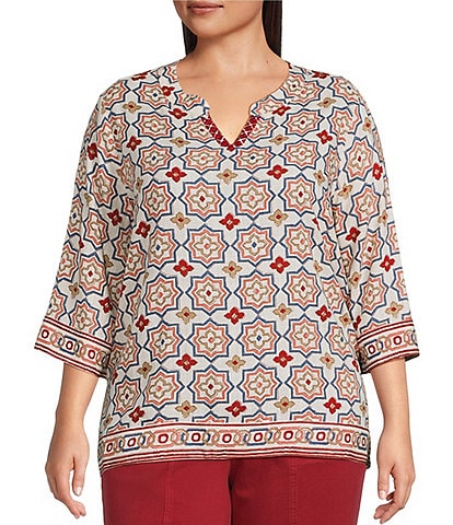Multiples Plus Size Woven Print Embroidered V-Round Neck 3 /4 Sleeve Top