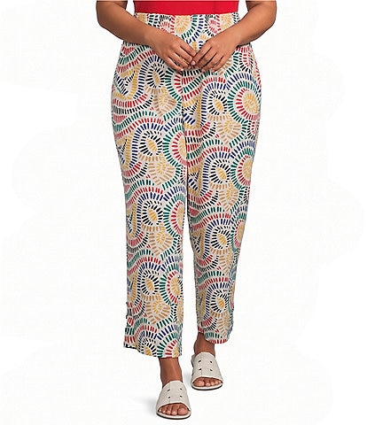 Multiples Plus Size Woven Print Wide Leg Crop Length Pull On Pants