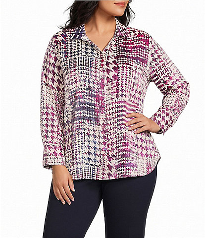 Multiples Plus Size Woven Shimmer Printed Collared Y-Neck 3/4 Sleeve Button Front Shirt