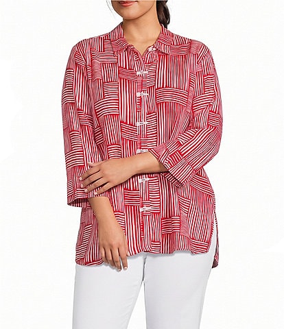 Multiples Plus Size Woven Stripe Point Collar 3/4 Turn Up Cuff Sleeve Button Front Shirt
