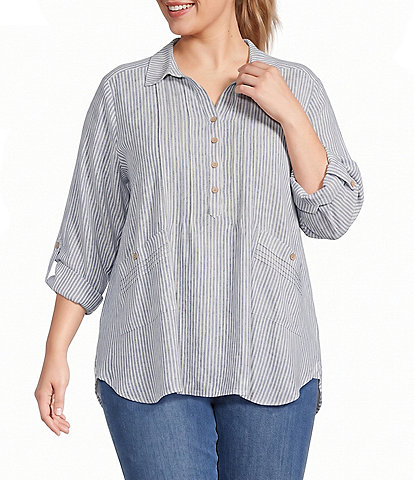 Multiples Plus Size Woven Yarn Dyed Stripe Point Collar 3/4 Roll-Tab Sleeve Pintuck Button-Front Shirt
