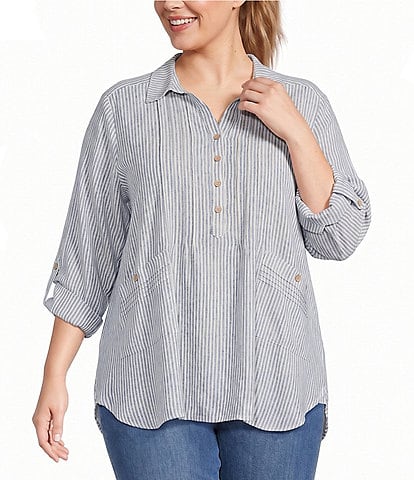 Multiples Plus Size Woven Yarn Dyed Stripe Point Collar 3/4 Roll-Tab Sleeve Pintuck Button-Front Shirt