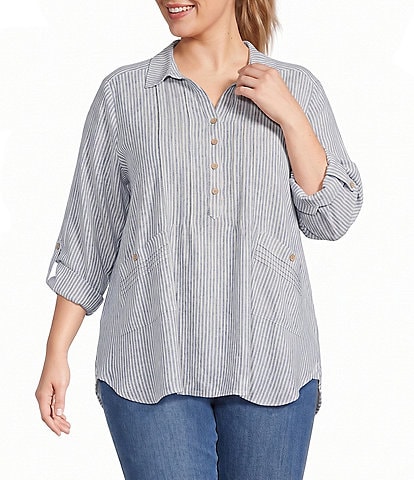 Multiples Plus Size Woven Yarn Dyed Stripe Point Collar 3/4 Roll-Tab Sleeve Pintuck Button-Front Shirt