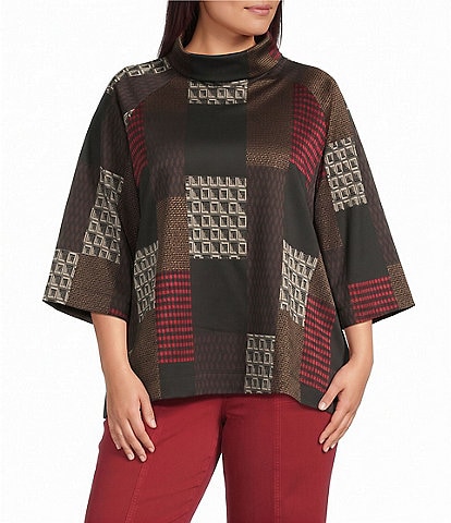 Multiples Plus Size Yarn Dye Jacquard Knit Patchwork Cowl Neck 3/4 Raglan Sleeve Top