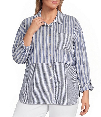 Multiples Plus Size Yarn-Dye Stripe Point Collar Long Roll-tab Sleeve Button-Front Shirt