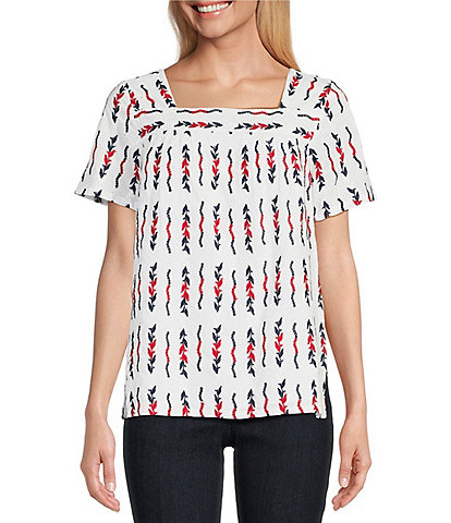 Multiples Schiffli Embroidered Cotton Square Neck Short Sleeve Top