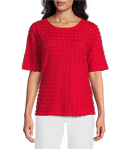 Multiples Scoop Neck Elbow Sleeve Wave Knit Fitted Top