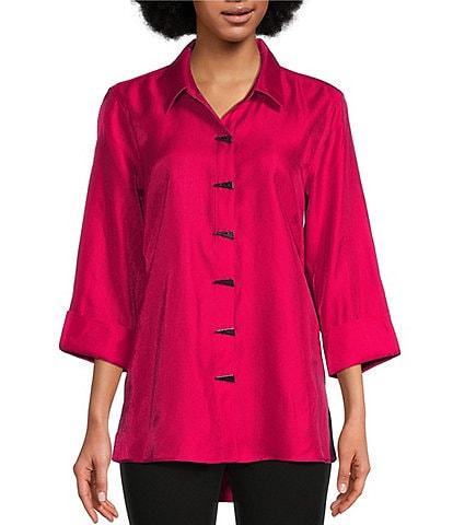 Multiples Shimmer Woven Collar Turn Up Cuff 3/4 Sleeve Button-Front Shirt